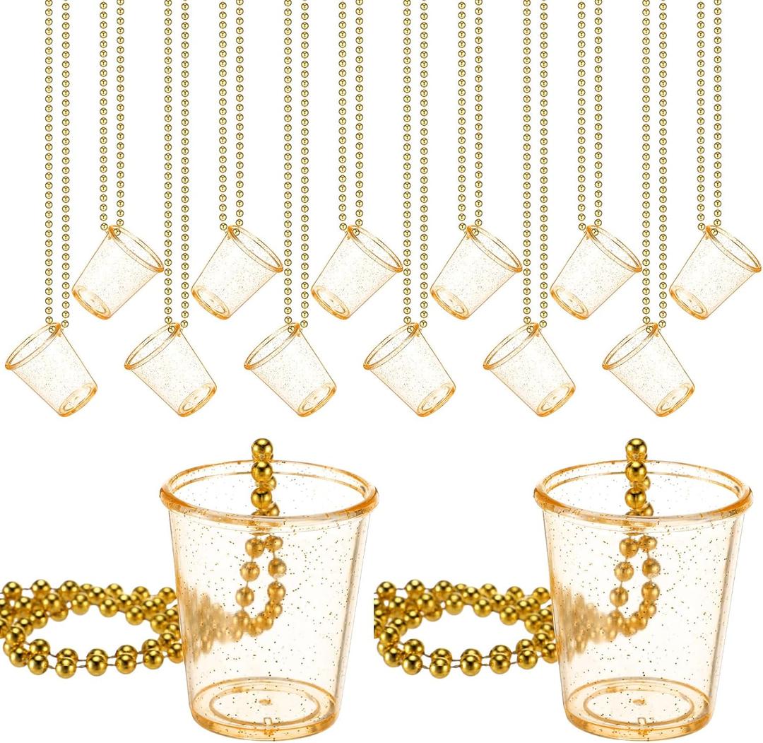 Misdary 12 Pcs Shot Glass Necklaces Gold Clear Shot Cups on Beaded Necklace Disposable Plastic Cups for Birthday Wedding Festival Party Bride Supplies