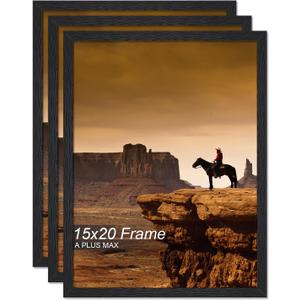 A PLUS MAX 15x20 Picture Frame Set of 3, Black Engineered Wood Frame for 15 x 20 Inch Picture Poster Photo, Light Weight 15 by 20 Frame with Wood-grain for Wall - 3 Pack/Black/15 x20