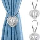 Mikomer 2PCS Magnetic Curtain Tiebacks Crystal Heart Shape Window Curtain Holdbacks Buckles Tie Backs Holders with Stretchable Wire Rope for Home and Office Decoration,Silver