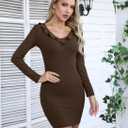 Valiamcep Women's Mini Dress V Neck Ruffle Long Sleeve Ribbed Slim Fitted Bodycon Pencil Dresses (Brown, S)