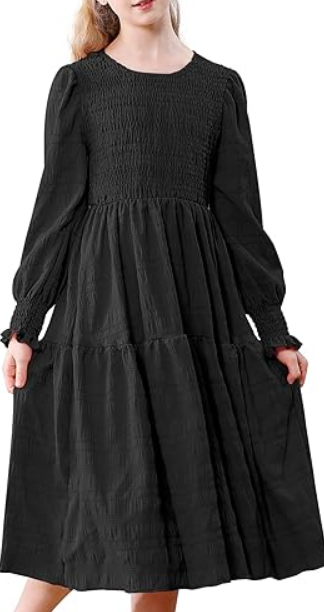 Girls Smocked Midi Dress Kids Long Sleeves Tiered A-Line Casual Dress Tween Crew Neck Fall Winter Party Dress S