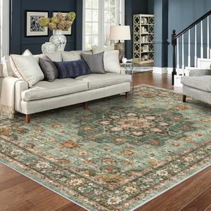 Washable Oriental Area Rug - 8x10 Rugs for Living Room Soft Carpet for Bedroom Waterproof Floral Distressed Indoor Stain Resistant Non-Shedding Floor Carpets (Green, 8x10)