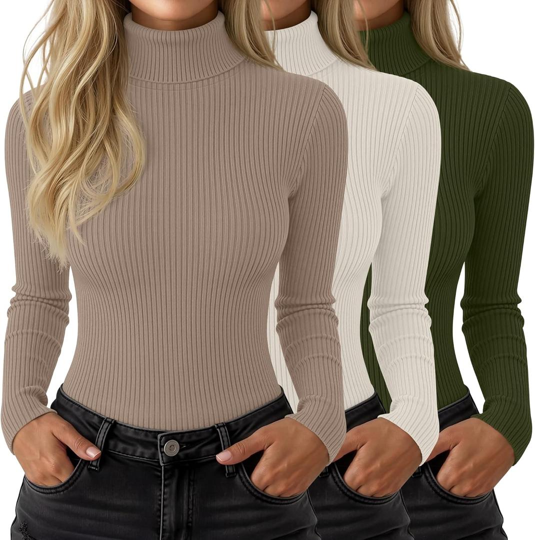 3 Pack Womens Ribbed Turtleneck Tops Long Sleeve Cotton Stretch Shirts Slim Fit Base Layer Undershirt Tees (Large, Army Green, Ivory, Khaki)