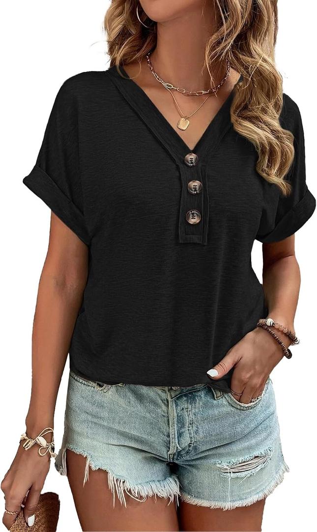 MixShe Women Summer Tops 2024 Spring Fashion Button Down Shirts Short Sleeve Tshirts Dressy Casual T Shirts V Neck Clothes Trendy Ladies Outfits Blouses (Black, XX-Large)
