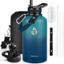 Insulated Water Bottle 64 oz, Triple Wall Vacuum Stainless Steel (Cold for 48 Hrs), Leak Proof & Non-BPA, Half Gallon Water Flask Jug with Paracord Handle & Straw Spout Lids, Cyan Blue