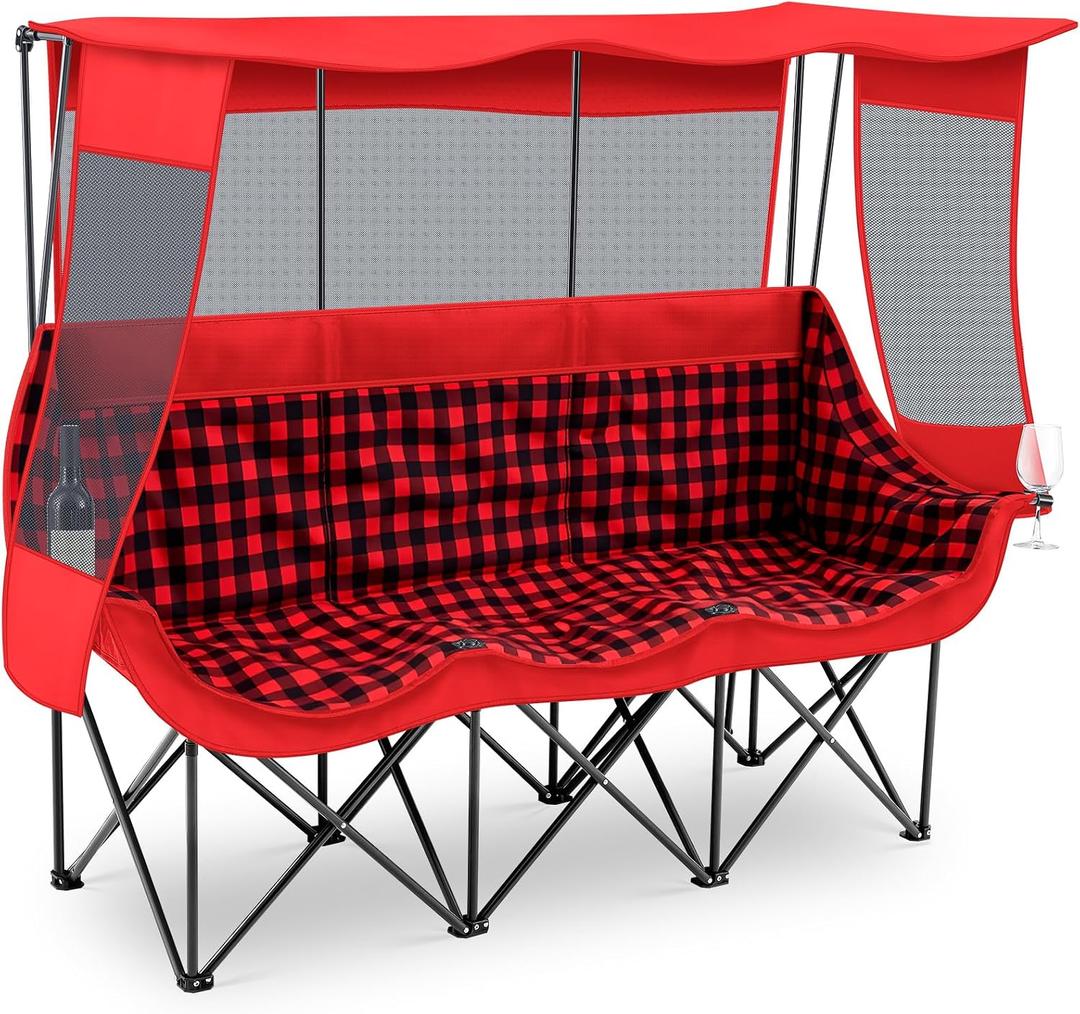 Teenyyou 3 Person Camping Chair with Canopy Shade 700lbs Heavy Duty Oversized Beach Camping Chair with Thick Cushion Cup Holder and Carry Bag, Foldable Portable Sofa for Lawn Beach Outdoor(Red Black)