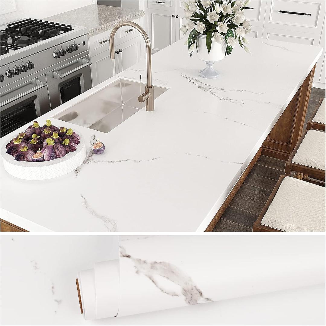 VEELIKE Minimalist White Marble Contact Paper for Countertops Peel and Stick Countertop Contact Paper Waterproof 24''x118'' Thick Marble Wallpaper Self Adhesive Counter Top Covers for Kitchen Bathroom
