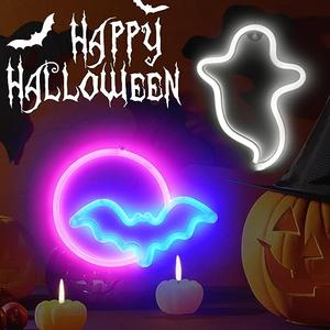 BRIGHTDECK 2 Pack Halloween Neon Signs, White Ghost, Blue Bat Full Moon Neon Lights Decorations, USB/Battery Powered Led Neon Sign for Halloween Wall Decor, Bedroom, Kids Gift, Bar, Party(Full Moon) BRIGHTDECK 2 Pack Halloween Neon Signs, White Ghost, Blue Bat Full Moon Neon Lights Decorations, USB/Battery Powered Led Neon Sign for Halloween Wall Decor, Bedroom, Kids Gift, Bar, Party(Full Moon)