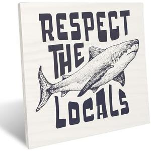 UNCDLV Shark Decor, Ocean Beach Room Decor, Respect the Locals Shark Wood Desk Signs Plaque, Beach Signs, Shark Gifts for Shark Lovers, 6.2x6.2 Inch