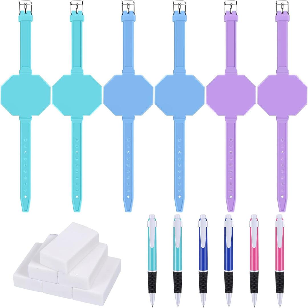 Geyee Wearable Silicone Watch Shape Memo Wrist Band with Ballpoint Pens and Erasers, Waterproof Reusable Writable Erasable Memo Watchband for Veterinarian Nurse Gift Supplies (6 Set)