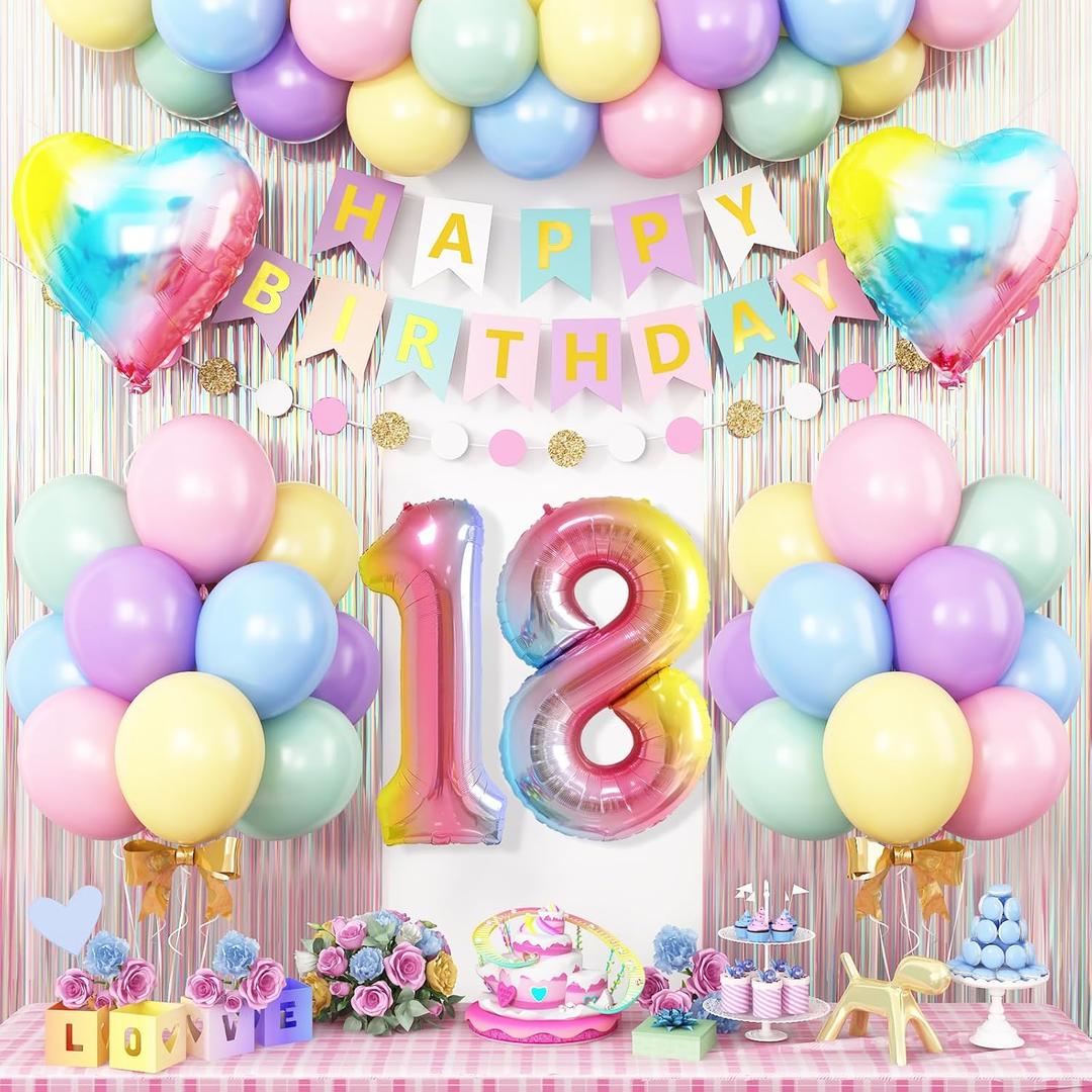 18th Birthday Decorations Rainbow,Gradient Number 18 Balloon,Pastel Happy Birthday Banner Fringe Curtain Heart Foil Balloons Boys Girls 18 Year Old Decor