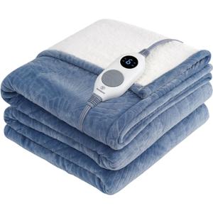 Westinghouse Heated Throw Blanket, Flower Jacquard Electric Blanket Throw with 6 Heating Levels and 2-10 Hours Auto-Off, Flannel to Sherpa Super Cozy Heated Blanket, Machine Washable (50" x 60" Blue)
