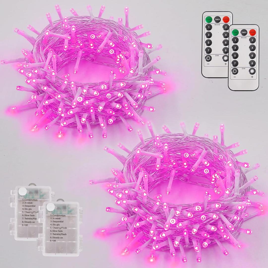 YEGUO String Lights Battery Operated with Remote, 2 Pack Each 33ft 100 LED Pink Christmas Lights Outdoor Waterproof,8 Modes Clear Wire Twinkle Fairy Light Indoor