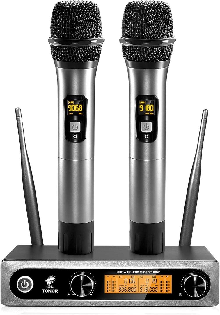 TONOR Wireless Microphone, Metal Dual Professional UHF Cordless Dynamic Mic Handheld Microphone System for Home Karaoke, Meeting, Party, Church, DJ, Wedding, Home KTV Set, 200ft, TW-820 Grey (Silver)