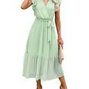 BTFBM Women Summer Bohemian Floral Casual Wrap V Neck Ruffle Cap Sleeveless Belt A-Line Pleated Hem Swing Midi Sun Dress (Swiss Dot Light Green, L)