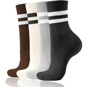 3 x AugRing Women's Striped Cotton Crew Socks Cozy Casual Athletic Quarter Socks for Running & Gym Size 5-11