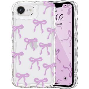 QLTYPRI Bow Case for iPhone 16e, Cute Ribbon Bows Wavy Curly Frame Clear Phone Case for Girls Women, Aesthetic Bowknot Transparent Soft Silicone TPU Bumper Shockproof Protective Cover - Purple