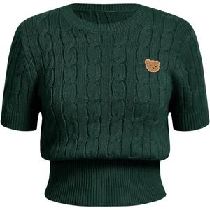 Women's St Patricks Day Graphic Cable Knit Short Sleeve Sweaters Crewneck Casual Pullover Tops (Black, L)