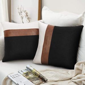 cygnus Set of 2 Faux Leather and Linen Throw Pillow Covers 18x18 Inch Black and White Modern Decorative Accent Cushion Covers for Couch Sofa Bed