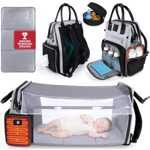 Award-Winning Large Diaper Bag with Changing Station  Eco-Friendly Evergreen Winner Large Diaper Bag Backpack w/ Heated Bottle Pockets, Premium All-in-One Backpack, Baby Essentials, Parents Gift (Black/Gray)