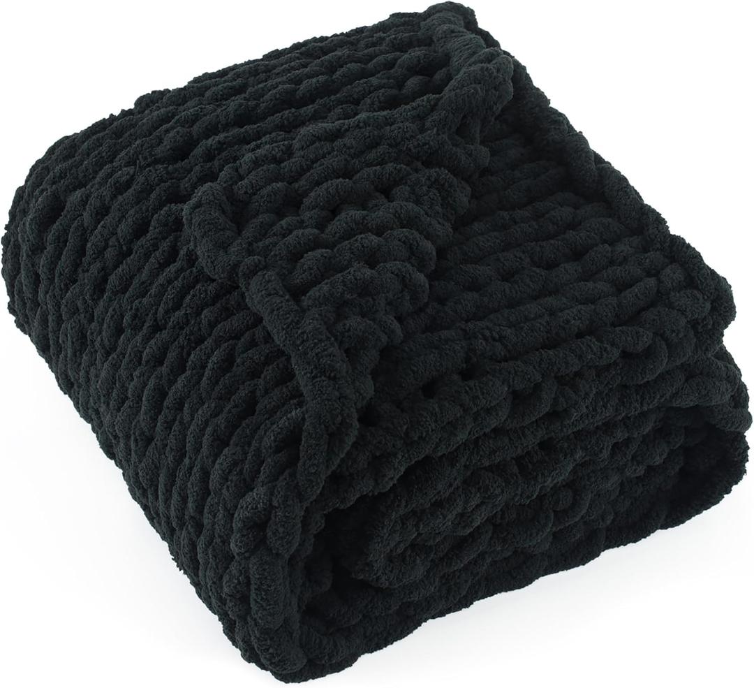 Chunky Knit Throw Blanket 50"X 60", 100% Handmade with Soft Chenille Yarn, 4.4lbs Thick Cable Knitted Blankets, Large Rope Knot Crochet Throws for Couch Sofa Bed Home Decor, Black