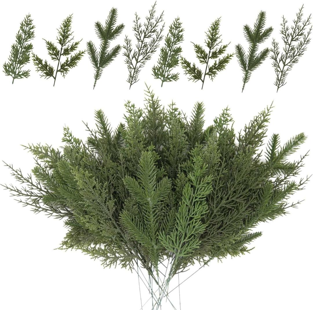 KLEWEE 60 Pcs Artificial Pine Branches Assorted Faux Norfolk Pine Stems Evergreen Pine Picks Cedar Sprigs Fake Christmas Greenery for Christmas Tree DIY Craft Garland Wreath Home Garden Decor