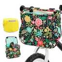 ANZOME Kids Bike Basket, Black Floral Bicycle Handlebar Bag with Waterproof Cover, Durable Nylon Front Basket for Boys and Girls, Easy Install, Large Storage Space, Gift for Holidays