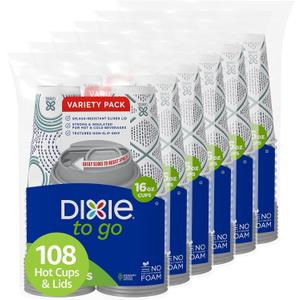 Dixie To Go Paper Coffee Cups With Lids, 16 oz, 108 Count (6 packs of 18 cups), Disposable Insulated Paper Cups for On-The-Go Hot or Cold Beverages