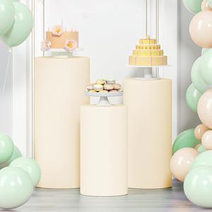 LEBENGURU 3Pcs Cylinder Pedestal Stand Covers Beige, Round Spandex Display Pedestal Covers, Elastic Cloth Plinth Pillar Cover for Parties Wedding Birthday Event Decor Props (Only Covers)