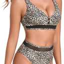 RELLECIGA Women's V Neck Bikini Set Mesh High Waisted Tummy Control Bathing Suit 2 Piece Swimsuit (L)