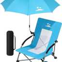 Folding Beach Chair with Umbrella, Low Profile Portable Sand Chair for Adults, Breathable Mesh Beach Seat with Cup Holder & Padded Armrests, Heavy Duty Lightweight Camping Chair, Ocean Blue