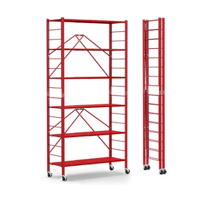 Himix 6 Tier Foldable Storage Shelves, Expandable Folding Bookshelf with Wheels, Changeable into 2 Shelf Units, Collapsible Adjustable Storage Rack Metal Shelves for Garage Kitchen, Basement, Red