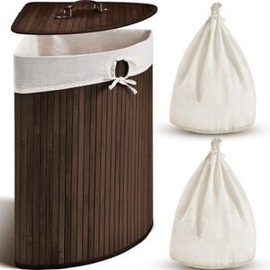 Gueevin Corner Bamboo Laundry Hamper with Lid and Removable Liner Corner Bamboo Laundry Basket with Handle Washing Clothes Basket Storage Bin for Bedroom Bathroom(Brown,Vertical Slatted), 14 x 14 x 24 inches