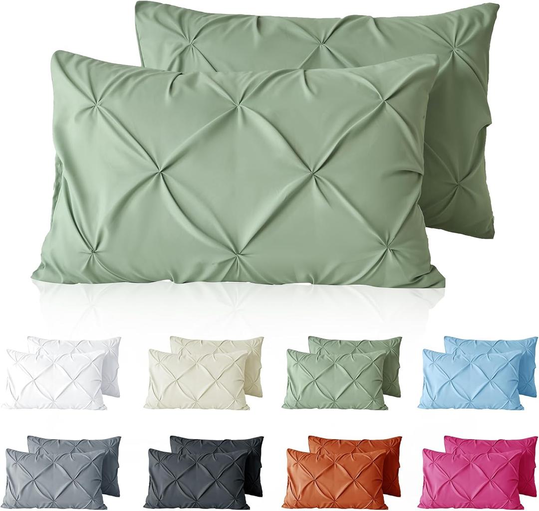 VACVELT Pintuck Pillow Cases King Size Set of 2, Light Green Pillow Shams Decorative Pillowcases with Envelope Closure, Pinch Pleated Microfiber Pillowcases, Wrinkle and Stain Resistant