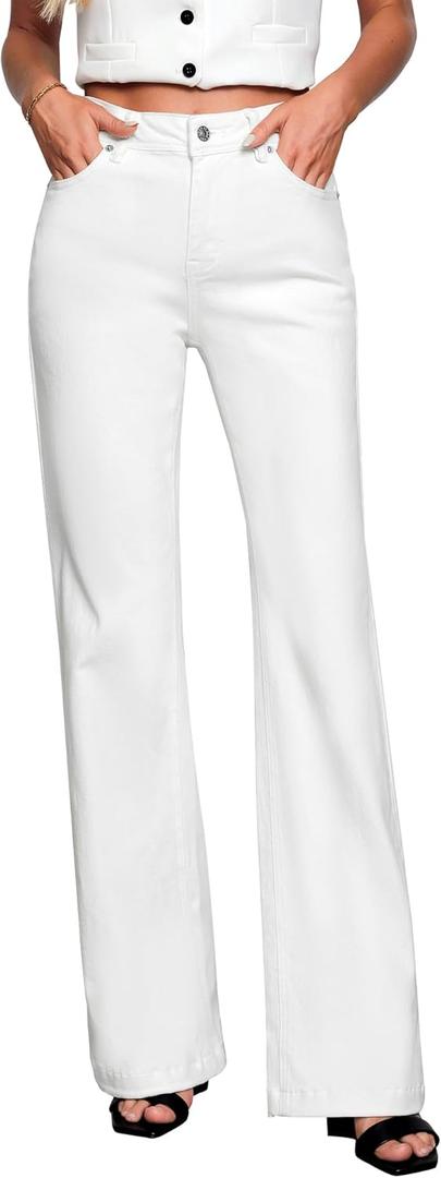 GRAPENT Womens Flare Jeans High Waisted Wide Leg Baggy Jean for Women Stretch Denim Pants (Large, Long Cream White)