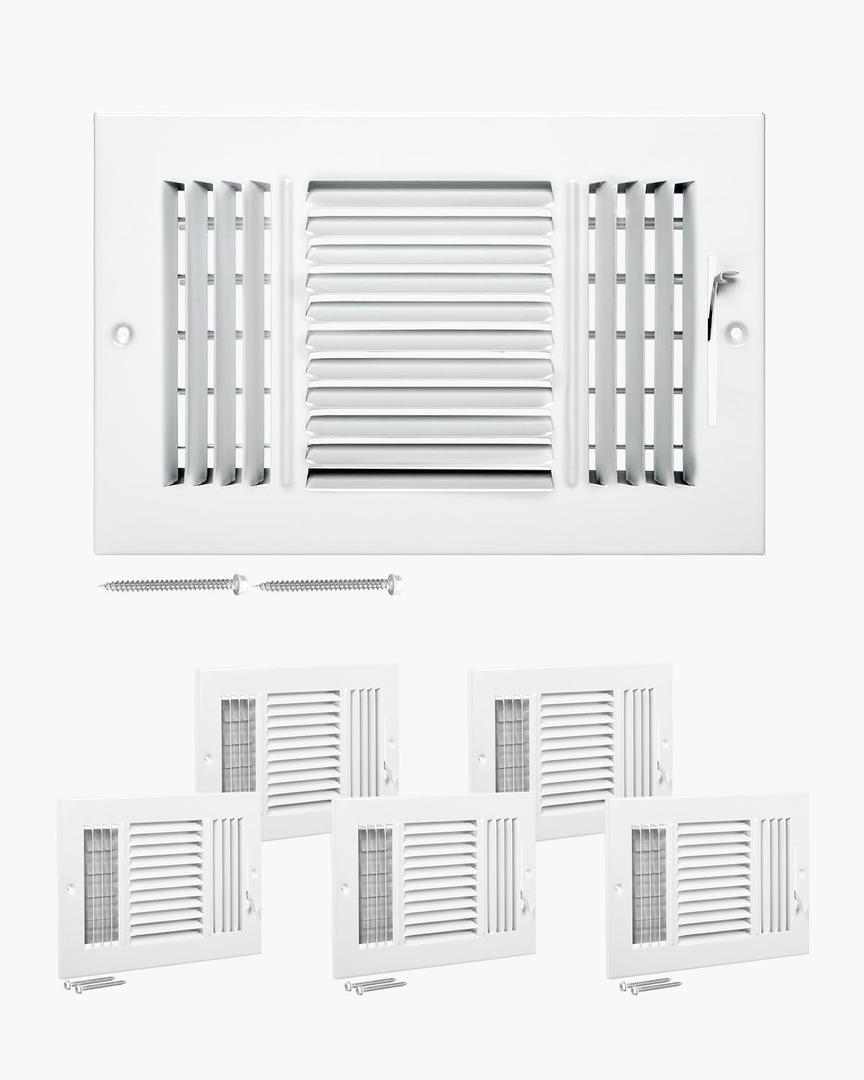 VEVOR 6 x 10 Inch Air Vent Covers, 6-Pack Return Air Vent Cover, HVAC 3-Direction Iron Vent Grilles for Wall & Ceiling, Rustproof Anti-Peeling Air Vents Deflector Adjustable with Metal Damper, White