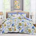 Luxudecor Floral Comforter Set Queen Size 7 Pieces Bed in a Bag, Blue Flower Watercolor Bed Set, Soft Comforter with Sheet Set 90"x90"