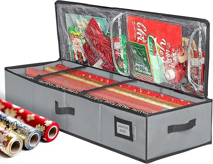 Storage Container - Durable 600D Tear-Proof, Fits 27 Rolls Gift Wrap, Extra Pockets for Ribbons & Bows, Underbed Storage - Ideal for Holiday Christmas, Gray