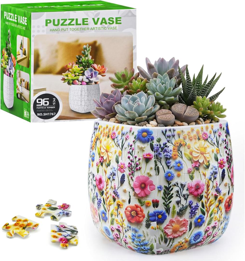 3D Puzzles Planter, 96 Unique Flower Vase Puzzle Pieces for Adults Round Puzzle Plant Pot with Drainage for Indoor Plants, Succulents, and Cactus, Pen Holder (Luxuriant Flowers)