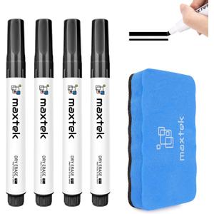 maxtek Black Dry Erase Markers 4 Count with 1 Magnetic Eraser, Low Odor Chisel Tip for Office, School, Classroom