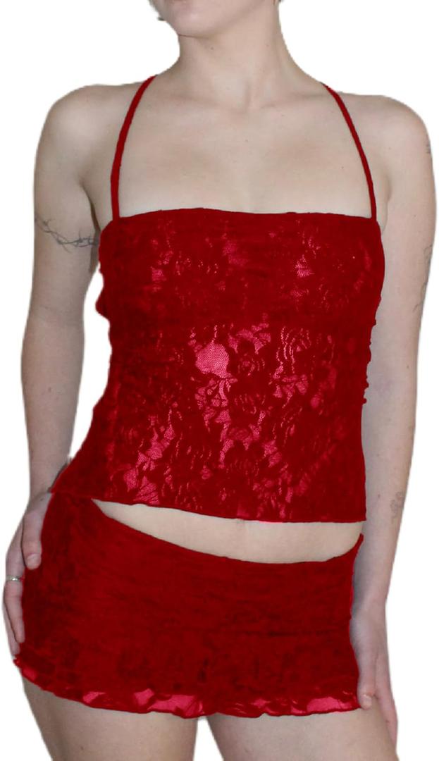 ROAONOCOMO Women Y2K Lace 2 Piece Skirt Set Floral Lace Fitted Crop Cami Top See Through Low Waist Skirt Outfit Streetwear