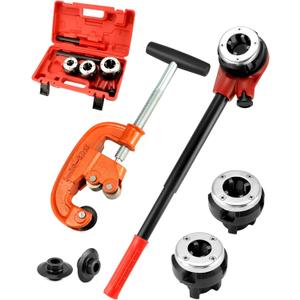 QWORK BSPT Pipe Thread Kit, Heavy Duty 1/8-inch to 2-inch Pipe Cutter + BSPT Ratchet Pipe Threader (1/2", 3/4", 1")