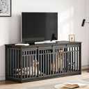 YITAHOME 71 Inch Double Dog Crate Furniture for 2 Dogs, Heavy Duty Wooden Crate TV Stand with 4 Bowls, Dog Kennel Indoor Furniture Sliding Barn Door Design for Extra Large Dogs, Black Oak