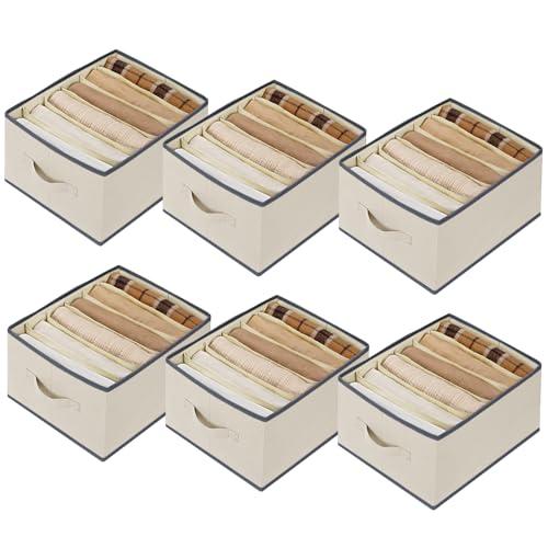 Baesyhom 6 Pcs Large Size Wardrobe Clothes Organizers 6 Grids for Pants, Jeans, Sweater, T-shirt, Thin Coat, Dress Stackable Closet Drawer Organizer Storage Bin Container with Sturdy Handles, Beige