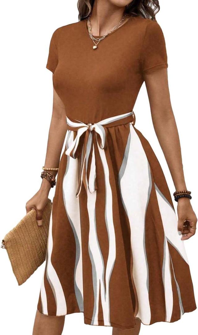 LIGHT DOT Women's Summer Dress Tie Waist Modest A Line Belted Midi Short Sleeve Casual Outfit (Brown, S)