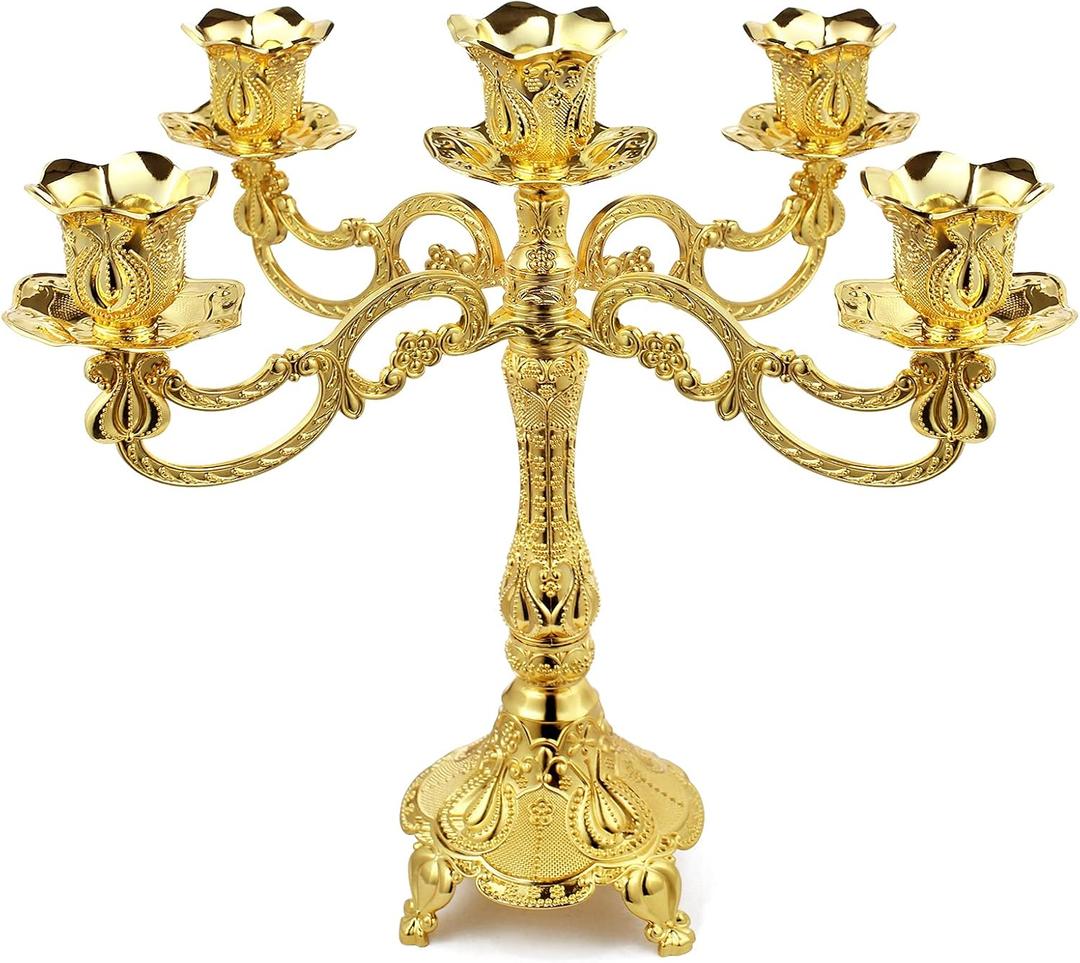 5-Candle Metal Candelabra 10.3 Inch Tall Candlestick Candle Holders for Home Decor Wedding Christmas Church Halloween Party, Gold Tulip