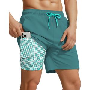7 Inch Men Swim Trunks with Compression Liner Quick Dry Drawstring Male Swimtrunks for Beach Summer Water Park (Medium, Cyan Green)