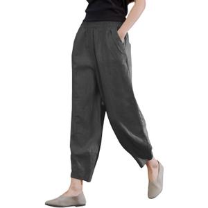 IXIMO Women's 100% Linen Pants Relax Fit Lantern Cropped TaperedPants Trousers with Elastic Waist (Medium, Dark Gray)