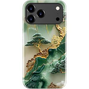 Goodon for iPhone 17 Pro Case Cute - Wireless Charging Compatible - Dual-Layer Hard Shell + Silicone Cover - Protective Phone Case with Trendy Designs for Women - Gold Inlaid Jade Carving