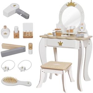 Little Girls Makeup Table with Mirror and Chair, Kids Vanity Table&Chair Set with Storage Drawer,Toddler Pretend Play Vanity Set with 9 pcs Multiple Make up Accessories,Princess Vanity Desk for 3+Kid